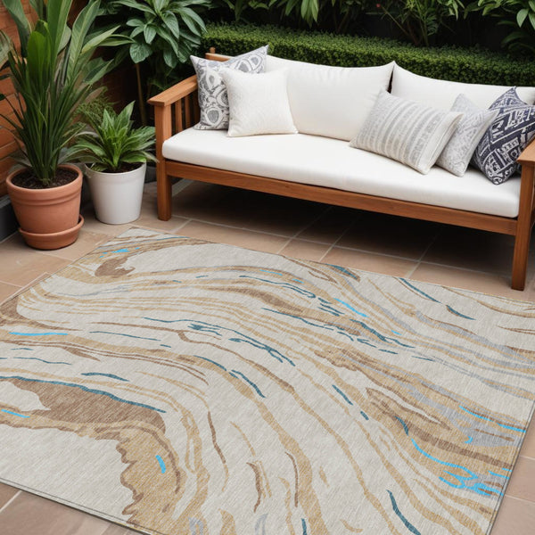 Homeroots 3' Abstract Beige Teal Blue And Ivory Washable Area Rug For Indoor Outdoor Style And Comfort 8' X 10' Polyester 600207