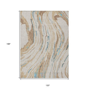 Homeroots 3' Abstract Beige Teal Blue And Ivory Washable Area Rug For Indoor Outdoor Style And Comfort 10' X 14' Polyester 600209