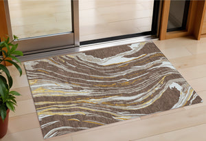 Homeroots 3' Abstract Beige Teal Blue And Ivory Washable Area Rug For Indoor Outdoor Style And Comfort 3' X 5' Polyester 600216