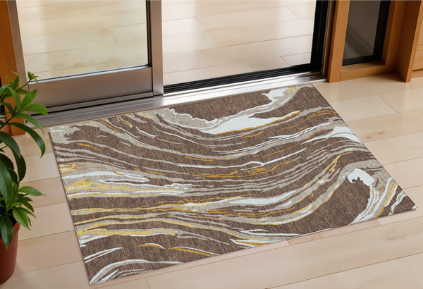 Homeroots 3' Abstract Beige Teal Blue And Ivory Washable Area Rug For Indoor Outdoor Style And Comfort 3' X 5' Polyester 600216