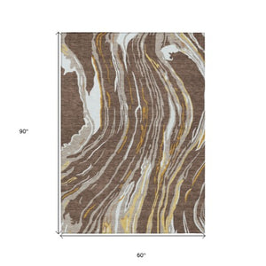 Homeroots 3' Abstract Beige Teal Blue And Ivory Washable Area Rug For Indoor Outdoor Style And Comfort 5' X 8' Polyester 600217
