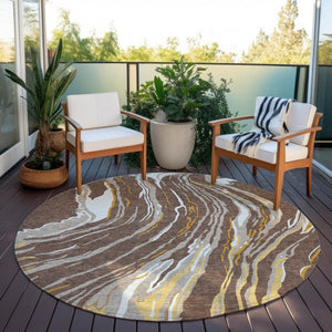 Homeroots 3' Abstract Beige Teal Blue And Ivory Washable Area Rug For Indoor Outdoor Style And Comfort 8' Round Polyester 600218