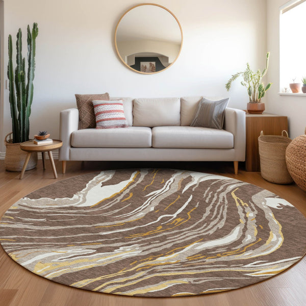 Homeroots 3' Abstract Beige Teal Blue And Ivory Washable Area Rug For Indoor Outdoor Style And Comfort 8' Round Polyester 600218