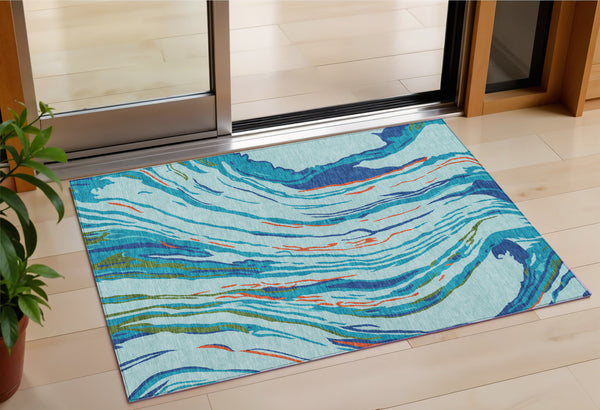 Homeroots 3' Abstract Beige Teal Blue And Ivory Washable Area Rug For Indoor Outdoor Style And Comfort 3' X 5' Polyester 600222