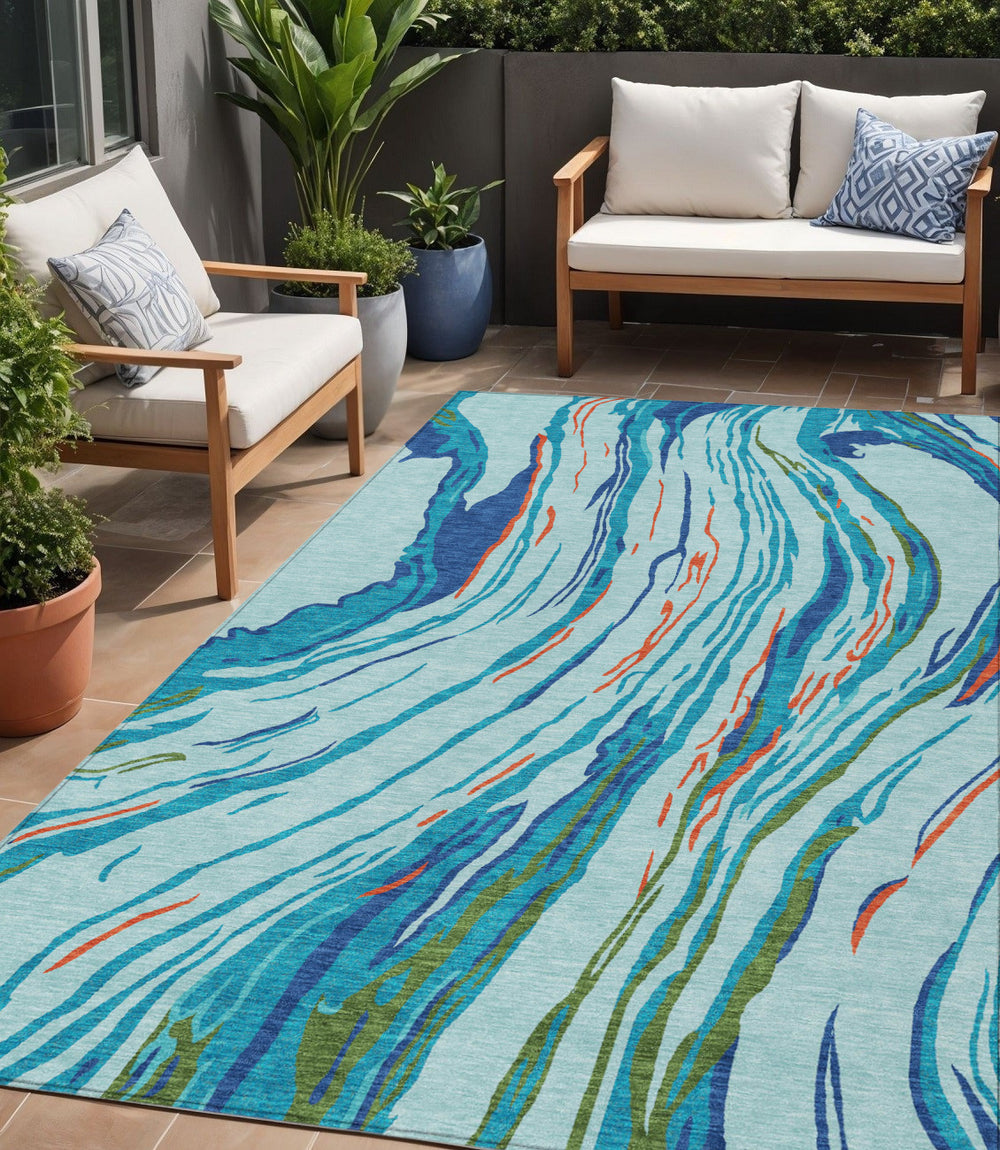 Homeroots 3' Abstract Beige Teal Blue And Ivory Washable Area Rug For Indoor Outdoor Style And Comfort 5' X 8' Polyester 600223