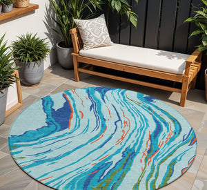 Homeroots 3' Abstract Beige Teal Blue And Ivory Washable Area Rug For Indoor Outdoor Style And Comfort 8' Round Polyester 600224