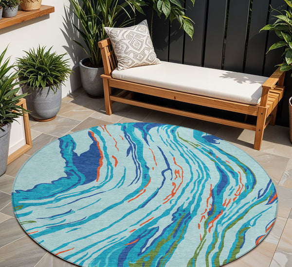 Homeroots 3' Abstract Beige Teal Blue And Ivory Washable Area Rug For Indoor Outdoor Style And Comfort 8' Round Polyester 600224