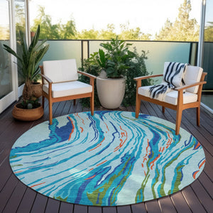 Homeroots 3' Abstract Beige Teal Blue And Ivory Washable Area Rug For Indoor Outdoor Style And Comfort 8' Round Polyester 600224