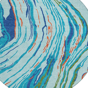 Homeroots 3' Abstract Beige Teal Blue And Ivory Washable Area Rug For Indoor Outdoor Style And Comfort 8' Round Polyester 600224