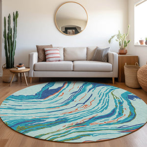 Homeroots 3' Abstract Beige Teal Blue And Ivory Washable Area Rug For Indoor Outdoor Style And Comfort 8' Round Polyester 600224