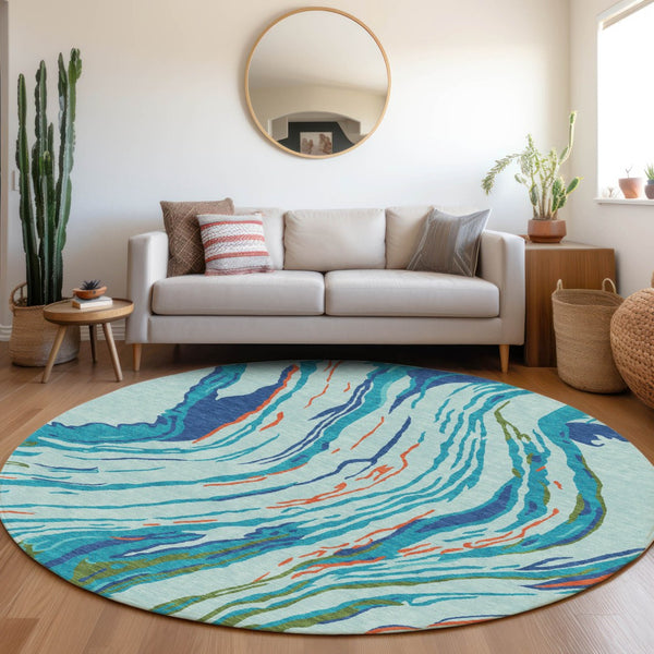 Homeroots 3' Abstract Beige Teal Blue And Ivory Washable Area Rug For Indoor Outdoor Style And Comfort 8' Round Polyester 600224