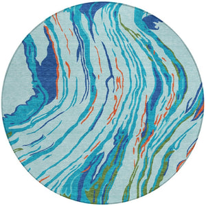 Homeroots 3' Abstract Beige Teal Blue And Ivory Washable Area Rug For Indoor Outdoor Style And Comfort 8' Round Polyester 600224