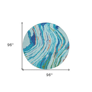 Homeroots 3' Abstract Beige Teal Blue And Ivory Washable Area Rug For Indoor Outdoor Style And Comfort 8' Round Polyester 600224