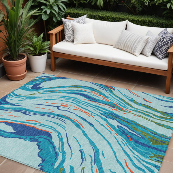 Homeroots 3' Abstract Beige Teal Blue And Ivory Washable Area Rug For Indoor Outdoor Style And Comfort 8' X 10' Polyester 600225