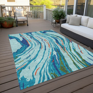 Homeroots 3' Abstract Beige Teal Blue And Ivory Washable Area Rug For Indoor Outdoor Style And Comfort 8' X 10' Polyester 600225