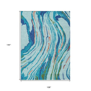 Homeroots 3' Abstract Beige Teal Blue And Ivory Washable Area Rug For Indoor Outdoor Style And Comfort 9' X 12' Polyester 600226