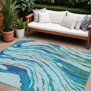 Homeroots 3' Abstract Beige Teal Blue And Ivory Washable Area Rug For Indoor Outdoor Style And Comfort 9' X 12' Polyester 600226