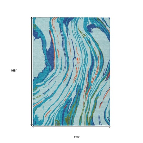 Homeroots 3' Abstract Beige Teal Blue And Ivory Washable Area Rug For Indoor Outdoor Style And Comfort 10' X 14' Polyester 600227