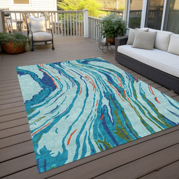 Homeroots 3' Abstract Beige Teal Blue And Ivory Washable Area Rug For Indoor Outdoor Style And Comfort 10' X 14' Polyester 600227