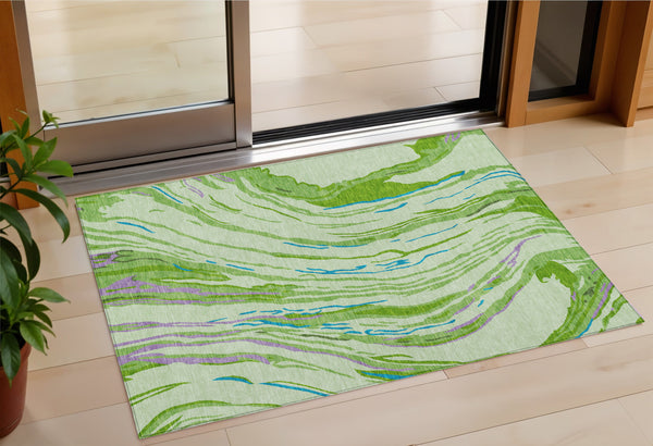 Homeroots 3' Abstract Beige Teal Blue And Ivory Washable Area Rug For Indoor Outdoor Style And Comfort 3' X 5' Polyester 600228