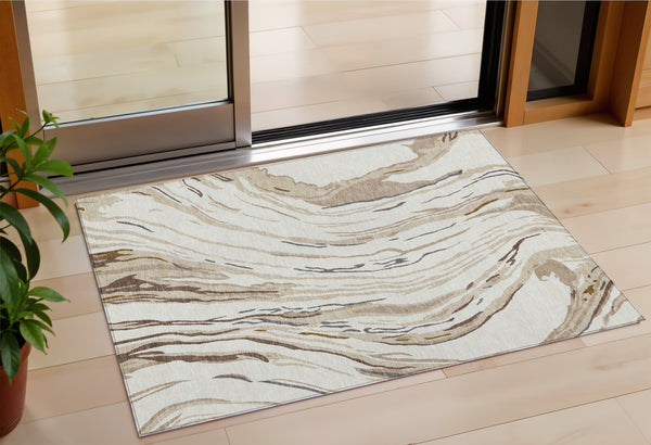 Homeroots 3' Abstract Beige Teal Blue And Ivory Washable Area Rug For Indoor Outdoor Style And Comfort 3' X 5' Polyester 600234