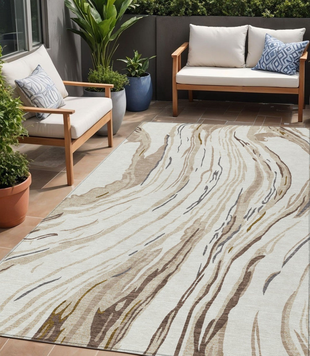 HomeRoots 5' Durable Machine-Washable Abstract Area Rug in Ivory, Beige, and Brown for Indoor/Outdoor Use 5' X 8' 600235