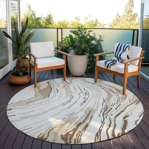 Homeroots 3' Abstract Beige Teal Blue And Ivory Washable Area Rug For Indoor Outdoor Style And Comfort 8' Round Polyester 600236