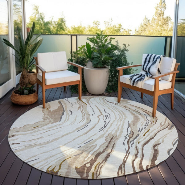 Homeroots 3' Abstract Beige Teal Blue And Ivory Washable Area Rug For Indoor Outdoor Style And Comfort 8' Round Polyester 600236