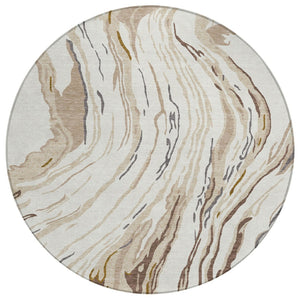 HomeRoots 5' Durable Machine-Washable Abstract Area Rug in Ivory, Beige, and Brown for Indoor/Outdoor Use 8' Round 600236