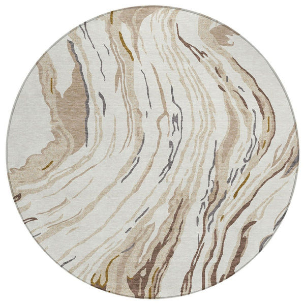 HomeRoots 5' Durable Machine-Washable Abstract Area Rug in Ivory, Beige, and Brown for Indoor/Outdoor Use 8' Round 600236