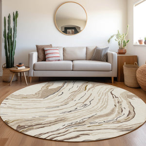 Homeroots 3' Abstract Beige Teal Blue And Ivory Washable Area Rug For Indoor Outdoor Style And Comfort 8' Round Polyester 600236