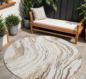 Homeroots 3' Abstract Beige Teal Blue And Ivory Washable Area Rug For Indoor Outdoor Style And Comfort 8' Round Polyester 600236