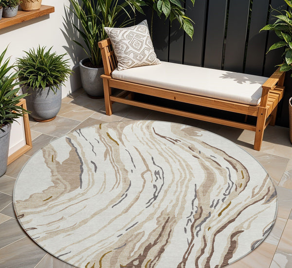 Homeroots 3' Abstract Beige Teal Blue And Ivory Washable Area Rug For Indoor Outdoor Style And Comfort 8' Round Polyester 600236