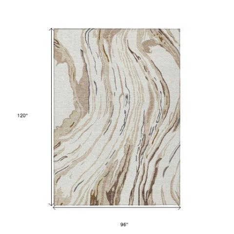 Homeroots 3' Abstract Beige Teal Blue And Ivory Washable Area Rug For Indoor Outdoor Style And Comfort 8' X 10' Polyester 600237