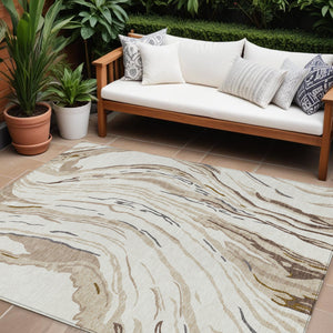Homeroots 3' Abstract Beige Teal Blue And Ivory Washable Area Rug For Indoor Outdoor Style And Comfort 8' X 10' Polyester 600237