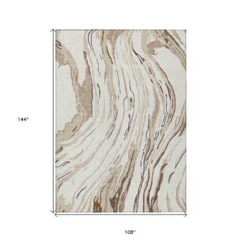 Homeroots 3' Abstract Beige Teal Blue And Ivory Washable Area Rug For Indoor Outdoor Style And Comfort 9' X 12' Polyester 600238