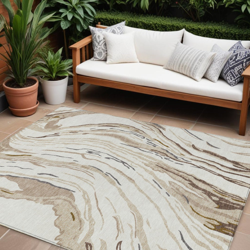 HomeRoots 9' Modern Abstract Washable Area Rug in Ivory, Beige & Brown - Durable Indoor/Outdoor Style, Easy Care 600238