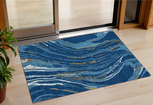 Homeroots 3' Abstract Beige Teal Blue And Ivory Washable Area Rug For Indoor Outdoor Style And Comfort 3' X 5' Polyester 600240