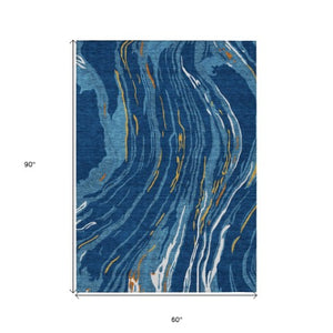 Homeroots 3' Abstract Beige Teal Blue And Ivory Washable Area Rug For Indoor Outdoor Style And Comfort 5' X 8' Polyester 600241