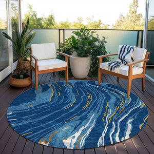 Homeroots 3' Abstract Beige Teal Blue And Ivory Washable Area Rug For Indoor Outdoor Style And Comfort 8' Round Polyester 600242