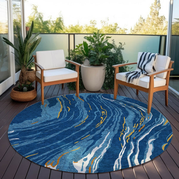 Homeroots 3' Abstract Beige Teal Blue And Ivory Washable Area Rug For Indoor Outdoor Style And Comfort 8' Round Polyester 600242