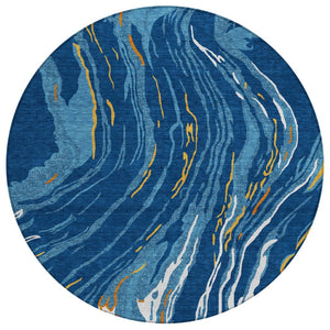 HomeRoots 5' Stylish Navy Blue Abstract Area Rug with Gold and Copper Accents - Washable for Indoor/Outdoor Use 8' Round 600242