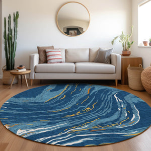 Homeroots 3' Abstract Beige Teal Blue And Ivory Washable Area Rug For Indoor Outdoor Style And Comfort 8' Round Polyester 600242