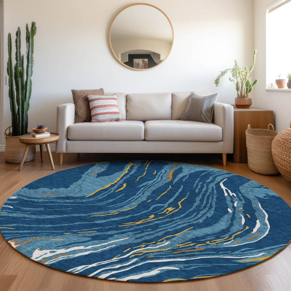 Homeroots 3' Abstract Beige Teal Blue And Ivory Washable Area Rug For Indoor Outdoor Style And Comfort 8' Round Polyester 600242