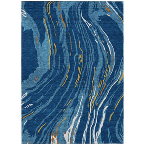 HomeRoots 5' Stylish Navy Blue Abstract Area Rug with Gold and Copper Accents - Washable for Indoor/Outdoor Use 8' X 10' 600243