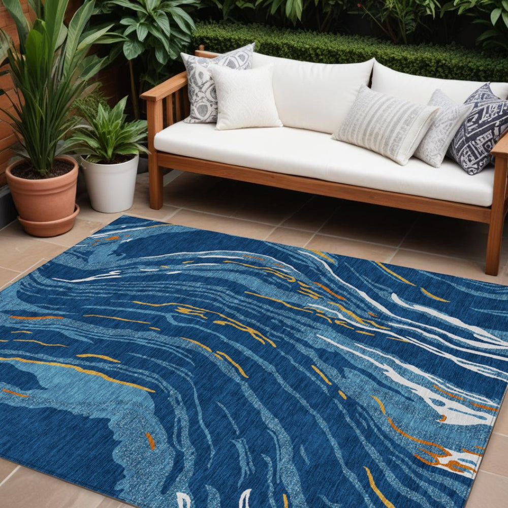 HomeRoots 5' Stylish Navy Blue Abstract Area Rug with Gold and Copper Accents - Washable for Indoor/Outdoor Use 10' X 14' 600245