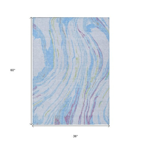 Homeroots 3' Abstract Beige Teal Blue And Ivory Washable Area Rug For Indoor Outdoor Style And Comfort 3' X 5' Polyester 600258