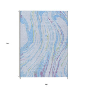 Homeroots 3' Abstract Beige Teal Blue And Ivory Washable Area Rug For Indoor Outdoor Style And Comfort 5' X 8' Polyester 600259