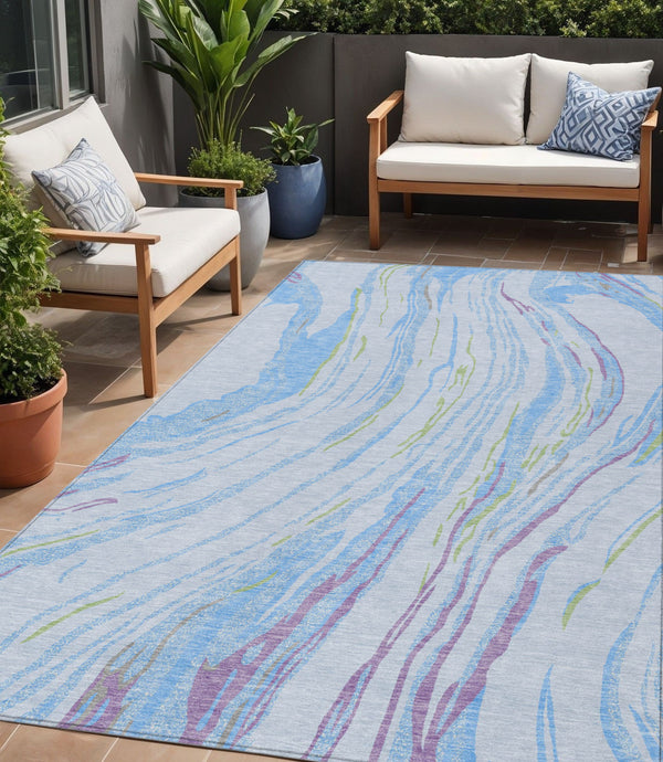 Homeroots 3' Abstract Beige Teal Blue And Ivory Washable Area Rug For Indoor Outdoor Style And Comfort 5' X 8' Polyester 600259