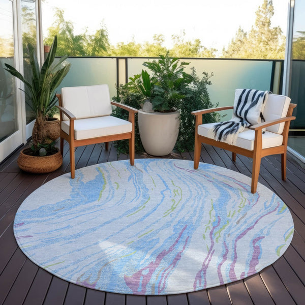 Homeroots 3' Abstract Beige Teal Blue And Ivory Washable Area Rug For Indoor Outdoor Style And Comfort 8' Round Polyester 600260